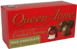 Queen Anne 6.6 ounce box of cherry cordials - of course it's 99 percent space in the box. The box is 7.5 inches long, 3.5 inches wide and  2.5 inches high. The box can easily hold 36 cherry cordials but they only put a lousy 10 cherry cordials in the box