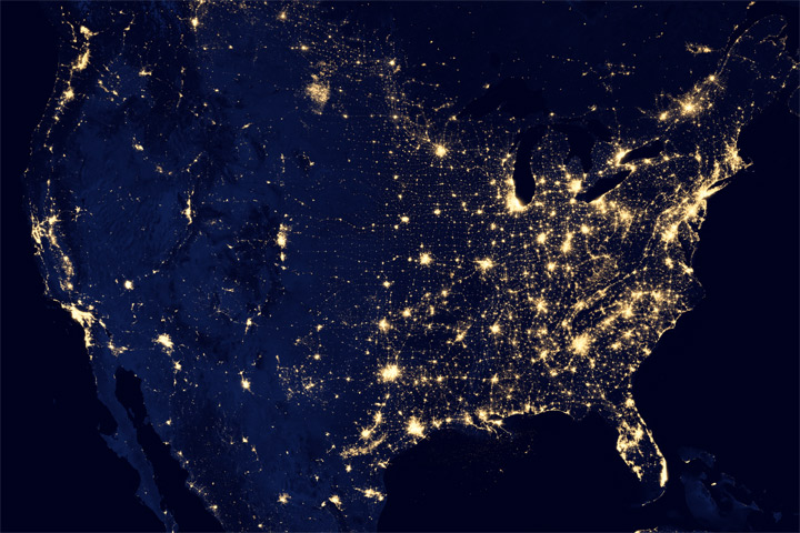 Satellite night time photo of the USA or United States of America or U.S.A. with all the lights turned on